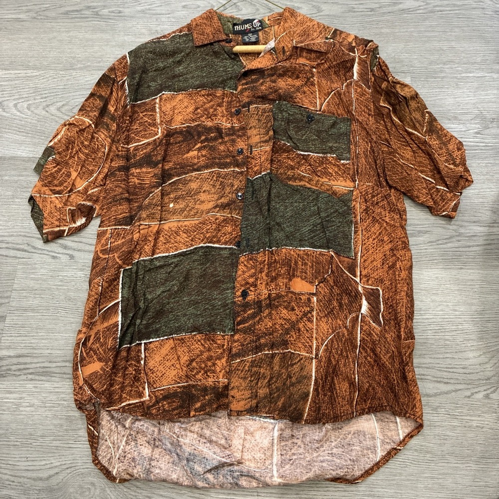 Vintage Thums Up (For Him) Brown & Green Block Geometric ButtonUp Short Sleeve M